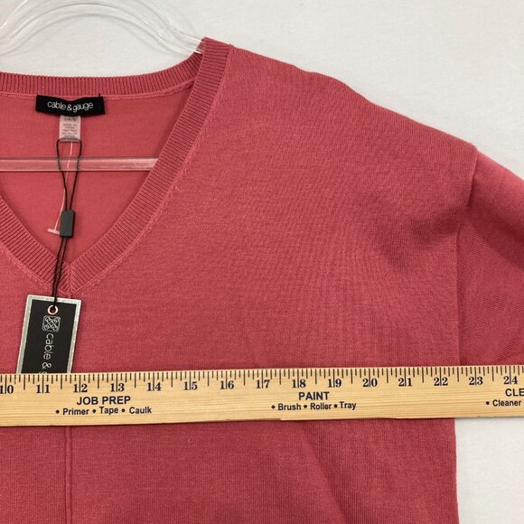 New Cable & Gauge Large Rust Red V Neck Short Sleeve Light Knit Sweater Elegant - Picture 6 of 9